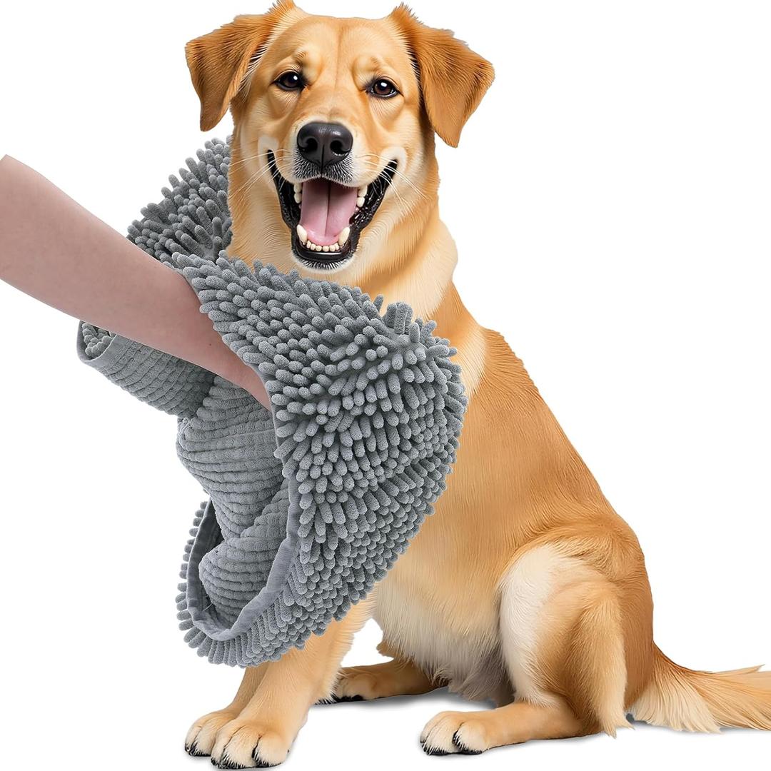 OLANLY Chenille Dog Bath Towel 31x13, Ultra Absorbent Quick Dry Pet Towel, Extra Soft Washable Plush Towel for Large Dogs & Puppies, Indoor Outdoor Use, Grey