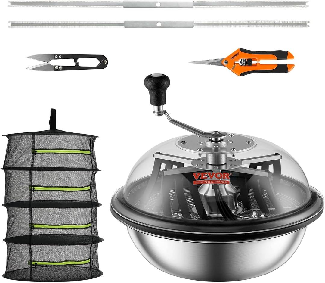 VEVOR 16inch Bud Leaf Bowl Trimmer Twisted Spin Cut with Sharp Stainless Steel Blades, Clear Visibility Cover, Foldable Herb Drying Rack & Hand Pruner