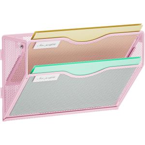Marbrasse Wall File Holder 2-Tier Hanging Wall File Organizer, Mesh Mail Holder for Papers, Wall Mount File Clipboard & Magazine Organizer Great for Office Home (Pink)