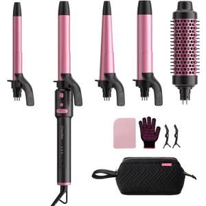 5 in 1 Automatic Rotating Curling Iron Set, CrazyMar Curling Wand Set - 5 Barrels (3/4,1,1/4 Inch) Dual Voltage Curling Wand for Professional Hair Styling, Travel, Ceramic Coating, Women Gifts (Pink)