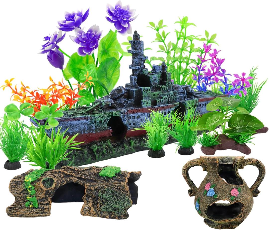 Aquarium Artificial Plastic Plants Decorations and Sunken Ship Set Goldfish 14 PCS Large Fish Tank Accessories Goldfish Betta Tank Decor (colorful)