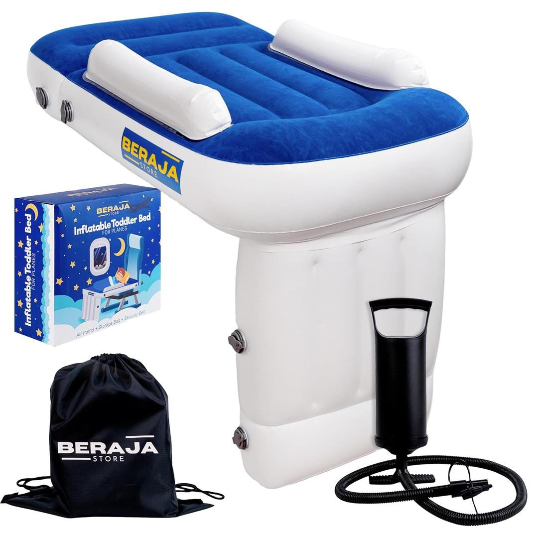 Toddler Airplane Bed Seat Extender for Kids - Airplane Bed for Toddler, Safety Belt, Carry Bag & Fast-Pump - for Toddlers Flight Sleep (Blue)