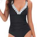 Lace V Neck One Piece Swimsuits for Women Tummy Control Bathing Suits Sexy Criss Cross Back Swimwear (Small, Style25-black)
