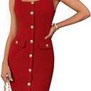 GRACE KARIN Women Business Work Dress Sleeveless Buttons Belted Square Neck Dress Bodycon Midi dress red (M)