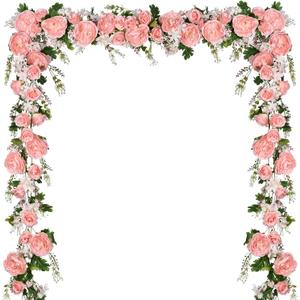 2 Pack Artificial Peony Garland Flowers, 12ft Floral Greenery Garland Rose Flower Vine with Pink Peony and Green Leaves for Wedding Dining Table Home Party Decor (2, Pink)