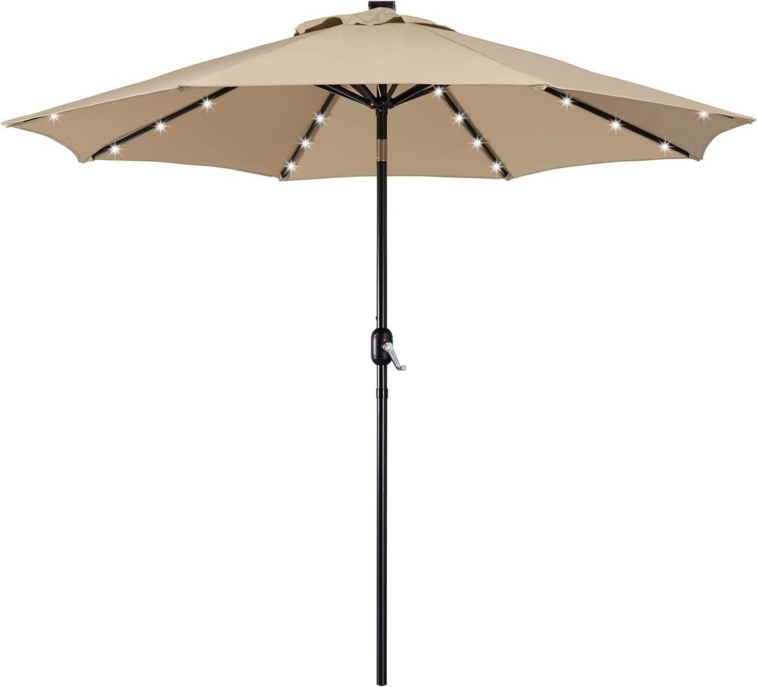 Yaheetech 9FT Solar Powered Patio Umbrella - UV Protection Market Table Umbrella w/ 32 LED Lights & Push Button Tilt & Crank Lift System for Garden/Lawn/Deck/Backyard/Pool,Tan
