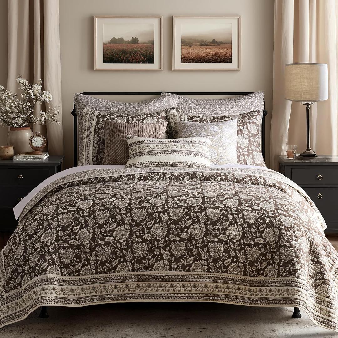 Levtex Home Adare Cocoa Reversible King/Cal King Quilt Set (106x92in) and 2 Pillow Shams (36x20in) - Floral Bedding - Brown Cream - Cotton King Size Quilt Bedding Set - Lightweight, Soft, Pre-Washed