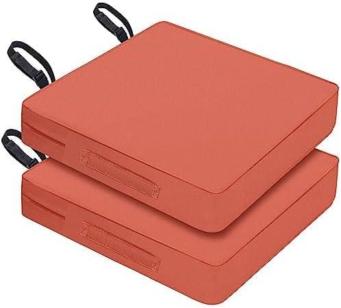 Patio Chair Cushions 24x24x4 Inch, Waterproof Outdoor Seat Cushions with Adjustable Straps & Handle, Thick High-Density Foam, Fade-Resistant, Machine Washable, 2-Pack Red