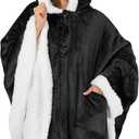 PAVILIA Sherpa Fleece Wearable Blanket for Adult Women, Cozy Plush Blanket Poncho Cape with Hood, Super Soft Shawl, Angel Wrap Throw for Office, Black