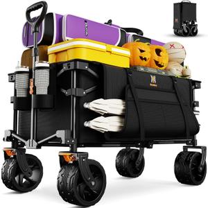 Navatiee Big Wheels Collapsible Wagon Cart Foldable, Heavy Duty Beach Wagon with Silent All-Terrain Wheels, Folding Utility Grocery Cart with Side Pocket and Brakes for Camping Garden Sports, Black