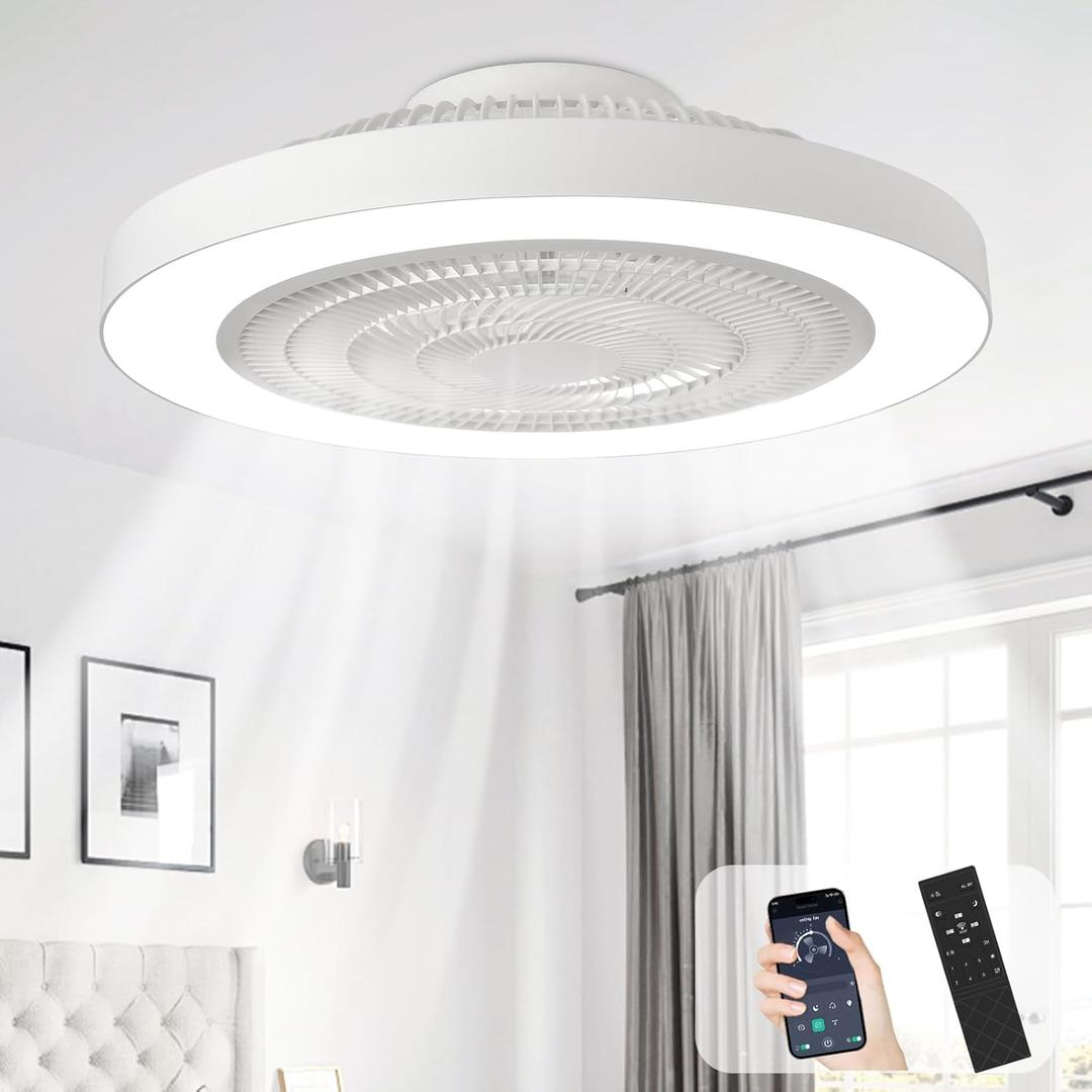 Depuley Modern Ceiling Fan with Light: 19" Bladeless Flush Mount Low Profile LED Ceiling Fans with Remote & Smart APP Control - White Enclosed Fandelier Dimmable Quiet DC Motor for Bedroom Kids Room White