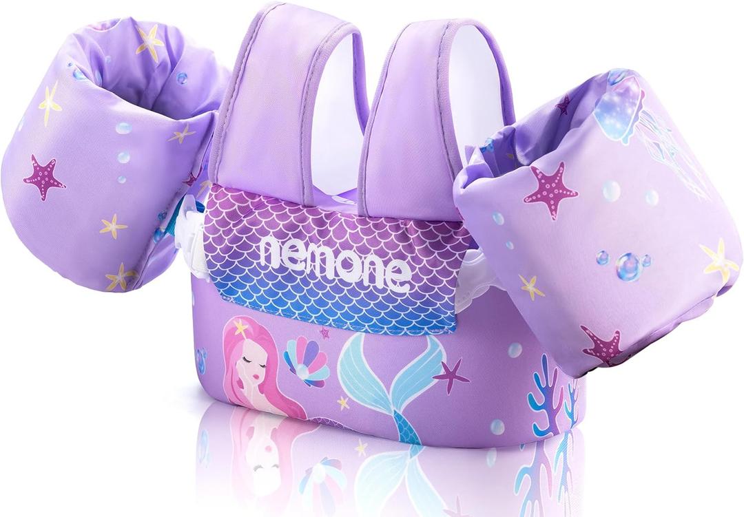 Nemone Toddler Swim Vest for 22-70 lbs Kids Floaties Swim Jacket with Arm Water Wings for Girls Boys 1 2 3 4 5 6 7 Years Old Beach Pool 20 30 40 50 60 66 Pounds Puddle Jumper (A- Purple Mermaid)