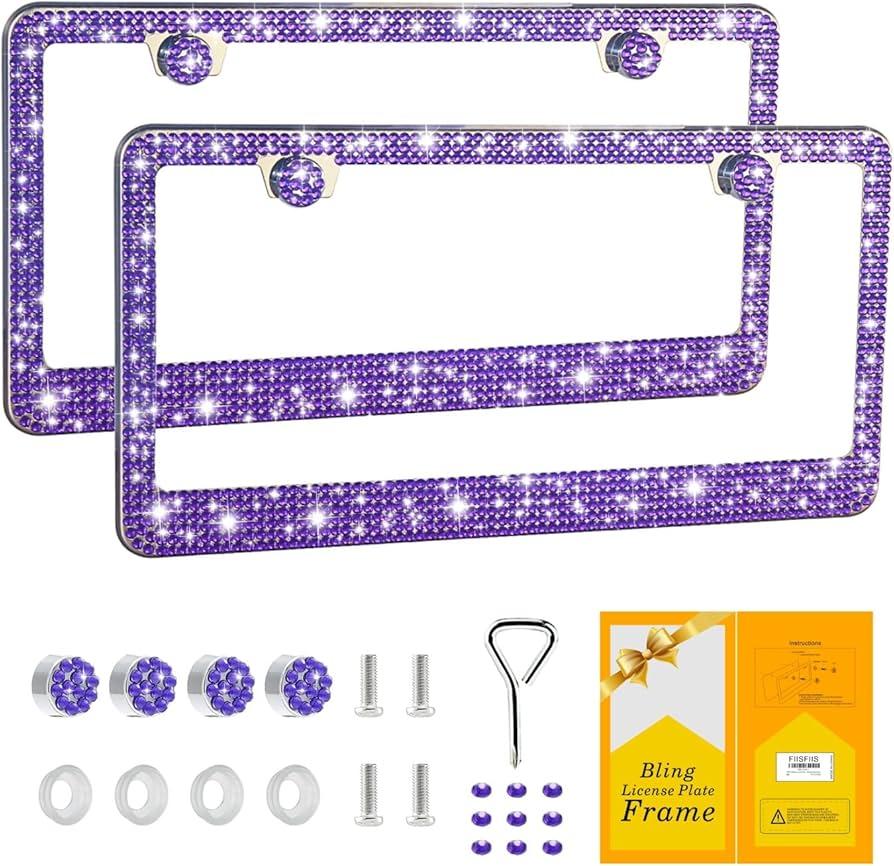 SCUARI Car Rhinestone License Plate Frame,Bling License Plate Frame,Cute Girly Car Accessories,Shiny Rhinestones Premium Licenses Plates Holder (Purple&White)