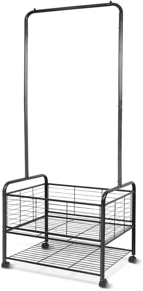 Black Metal Rolling Laundry Hamper Butler Cart Basket with Hanging Garment Rack, Storage Organizer with Mobile Wheels