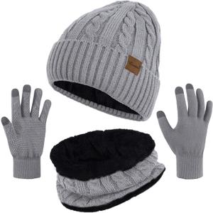 Loritta 3 Pieces Winter Hats for Women Scarf Touch Screen Gloves Set Thick Warm Fleece Lined Beanie Hat Gifts (Z-light Grey)