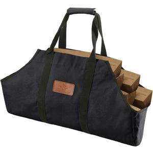 WHITEDUCK TUFF Large Firewood Carrier 21 Oz. Heavy Duty Waxed Canvas Log Carrier Holder for Fireplace, Carrying Wood Indoor & Outdoor (Black, Boat Shape (26"x17"x9"))