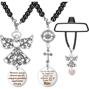 2 Pcs Car Rosary for Rearview Mirror Saint Benedict Beads Catholic Cross Charm Religious Hanging Rear View Hanger Car Rosary Accessories for Women Men Auto Decors