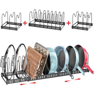 Xcosrack 15 Adjustable Dividers Pot and Pan Organizer Rack, 7" D x 32" W x 7.1" H, 3 in 1, Expandable Lid Bakeware Cupboard Rack Holder for Kitchen Cabinet Pantry Countertop, Black (Patent Pending)