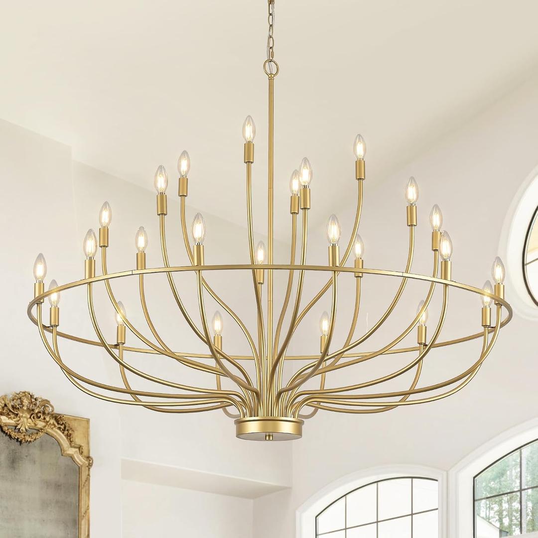 24 Light Gold Chandelier 51'' Large Candle Chandeliers for High Ceiling Foyer Brushed Brass Gold Chandelier Light Fixture for Large Living Room Dining Room Stairs Entry Restaurant Hotel