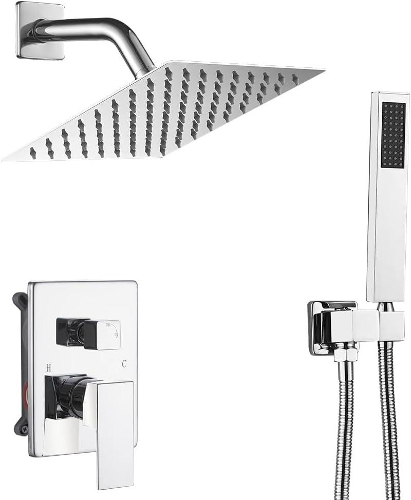 Chrome Shower System with High Pressure 8'' Rainfall Shower Head, Handheld Shower head, Bathroom Luxury Rain Mixer Shower Combo Set Wall Mounted Shower Faucet Rough-in Valve and Trim Kit