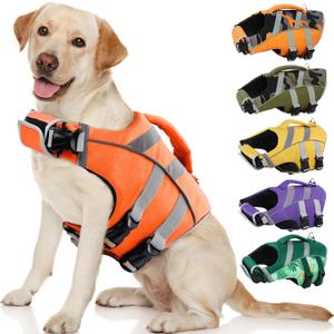 Kuoser Dog Life Jacket with Reflective Stripes, Adjustable High Visibility Dog Life Vest with High Flotation Swimsuit for Small Medium and Large Dogs (Small (Chest Girth:16.9-21.3''), 9#BrightOrange)