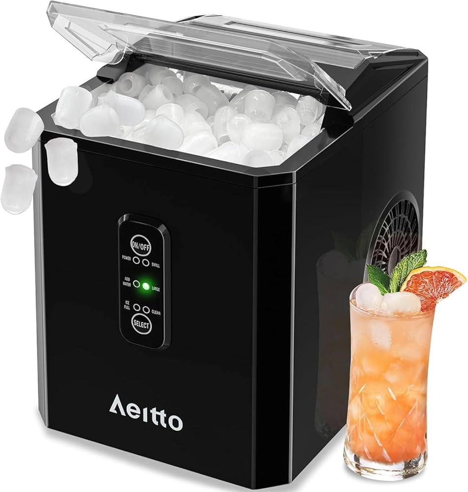 Aeitto Ice Makers Countertop, 9 Ice Cubes Release in 6 Mins, 26Lbs/24H, 2 Sizes of Bullet Ice Machine,Self-Cleaning Portable Ice Maker with Ice Scoop and Basket for Home Kitchen Office RV Bar, Black