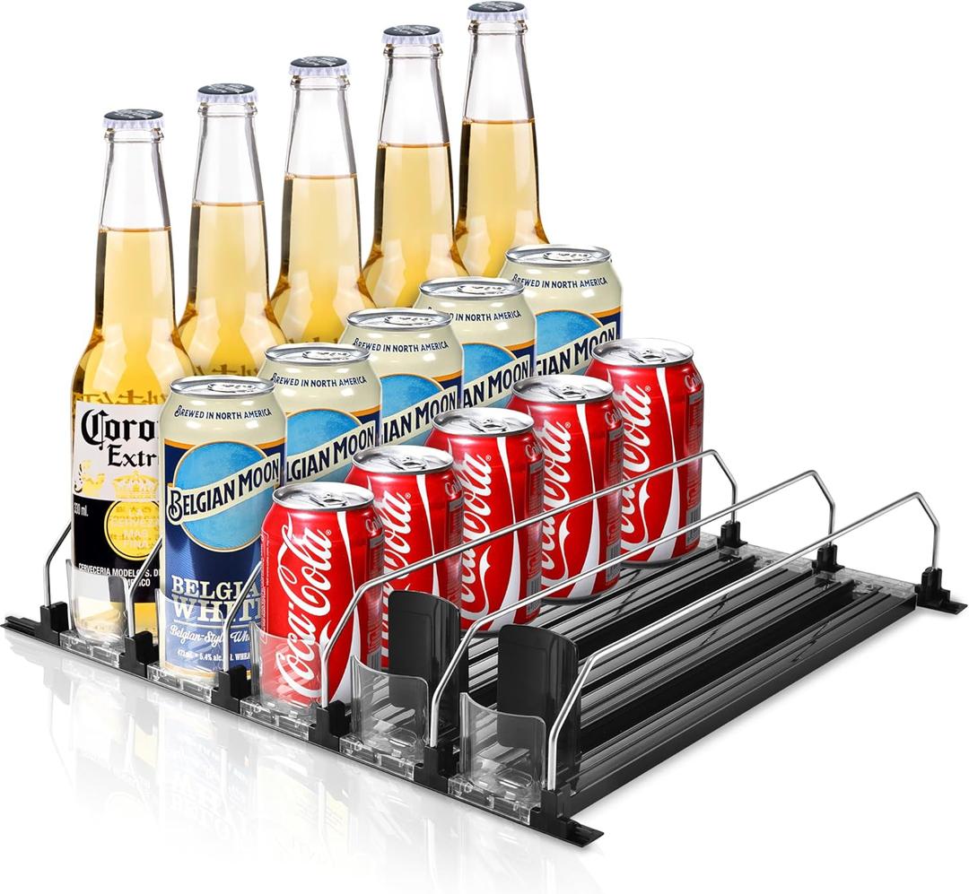 Soda Can Organizer for Refrigerator,Automatic Pusher Glide Drink Organizer for Fridge,Holds up to 12 Cans,15.35" D Black