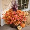 Fall Flowers Artificial Mums for Outdoors Autumn Decor, 12 Bundles Fake Fall Mums with 1 pcs Burgundy Grass UV Resistant Realistic Faux Flowers for Outside Home Porch Patio Planter Yard, Orange Yellow
