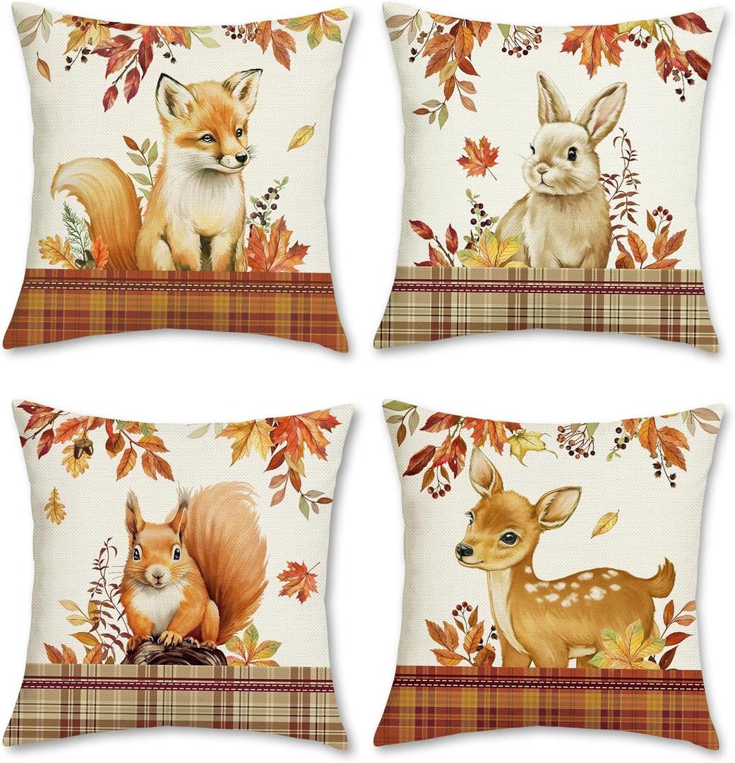 Bonhause Fall Animals Throw Pillow Covers 18 x 18 Inch Fox Deer Squirrel Rabbit Forest Farmhouse Decorative Pillow Cases for Couch Sofa Bed Home Decor Set of 4