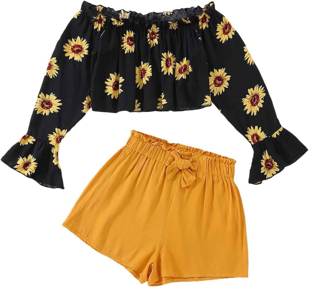 SOLY HUX Girl's 2 Piece Outfit Summer Boho Floral Print Long Sleeve Top and Shorts Set Cute Clothes for Girls, 6-7Y