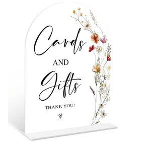 Boho Floral Cards and Gifts Sign, 6 x 8 Inch White Arch Acrylic Wedding Sign with Holder, Wedding Sign for Ceremony and Reception, Wedding Decoration, Wedding Supplies - BX01
