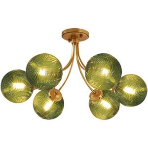Green Glass Flush Mount Ceiling Lights Fixture 6-Light Gold Mid Century Modern Chandelier Green Hand Blown Glass Chandelier Vintage Pendant Light for Bedroom Living Dining Room