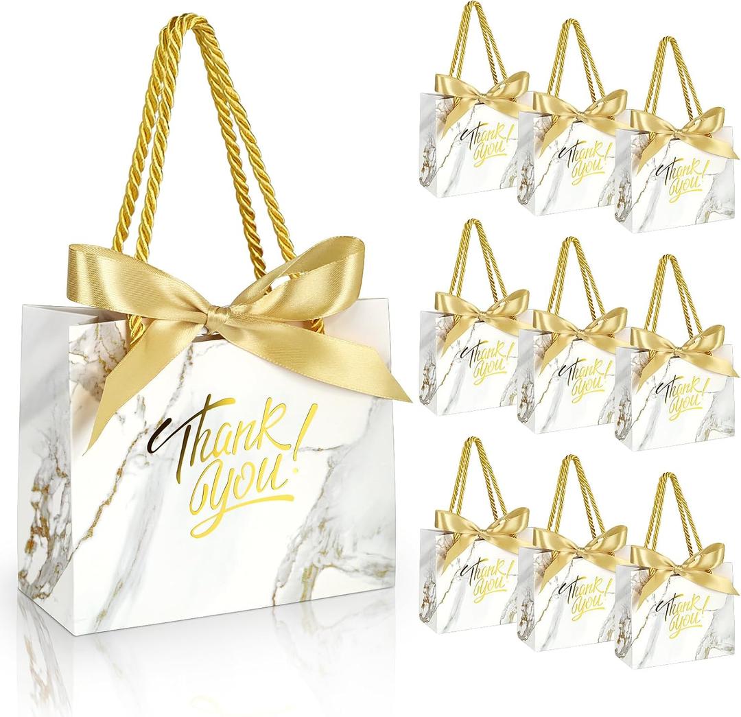 EQOREIIN 30 Pack Small Thank You Gift Bags with Handles 5.5 x 2.4 x 4.7 Inches Mini Marble Gold Gift Bags with Bow Ribbon Tiny Party Favor Bag Bulk for Graduation Mother's Day Baby Shower Wedding (Marble Gold)
