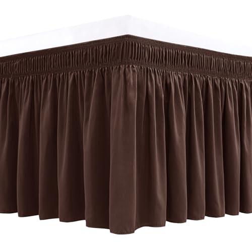 Biscaynebay Wrap Around Bed Skirts for Queen Size Beds 12 Inches Drop, Brown Elastic Dust Ruffles Easy Fit Wrinkle & Fade Resistant Silky Luxurious Fabric Solid Machine Washable
