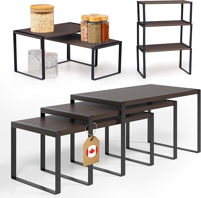 Ibyx Premium Kitchen Cabinet Organizer Shelf - Set of 3 Kitchen Counter Shelves - Stackable Shelf Racks for Cabinets - Metal Frame & Engineered Wood,  Black 