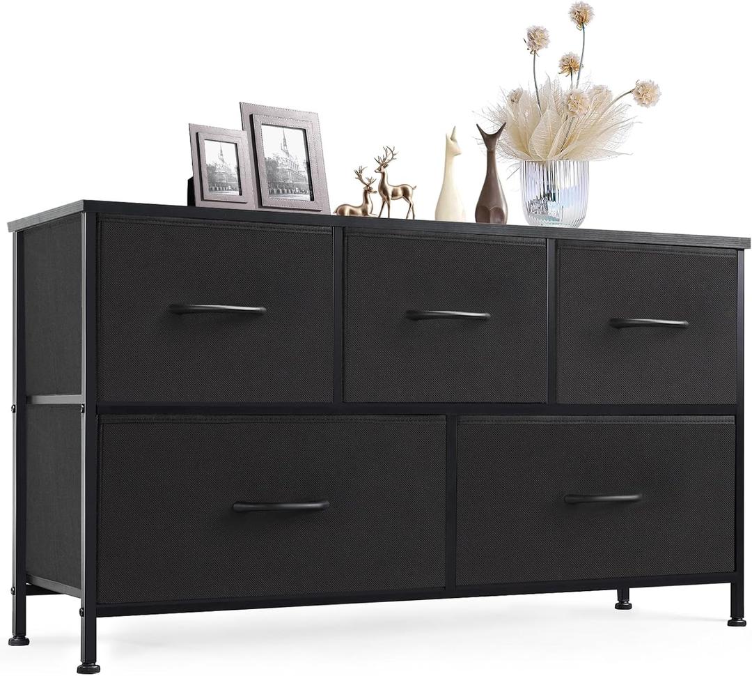 Sweetcrispy Dresser for Bedroom with 5 Storage Drawers, Fabric Storage Tower Organizer, Chest of Drawers with Metal Frame Wooden Top for Closet, Living Room, Entryway, Black