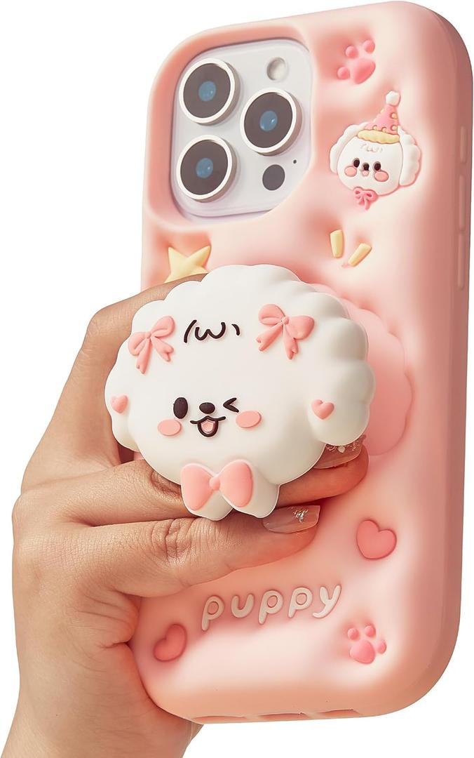 Kawaii 3D Dog Phone Case for iPhone 15 Pro (with Retractable Phone Stand & Grip) Cute Girly Cartoon Soft Silicone Phone Cover for Girls, Kids, Teens, and Women, Pink