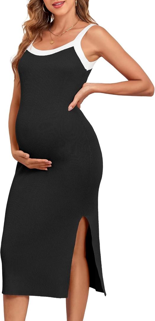 V FOR CITY Maternity Dress for Baby Shower Sleeveless Slit Rib Knit Casual Square Neck Bodycon Pregnancy Clothes (Medium, Black)