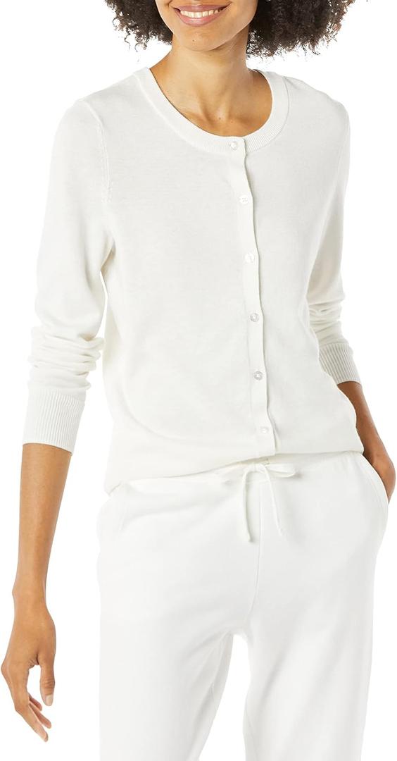 Amazon Essentials Women's Lightweight Crewneck Cardigan Sweater, Ivory, Large