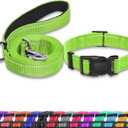 Reflective Dog Collar with Safety Locking Buckle, Adjustable Soft Breathable Nylon Collars for Small, Medium and Large Dogs(Collar+Leash XL Green)