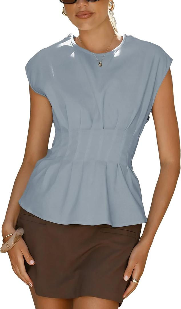 Women's Peplum Tops Short Sleeve Summer Blouses T-Shirts Dressy Casual Crew Neck Pleated Babydoll Top for Work, XL