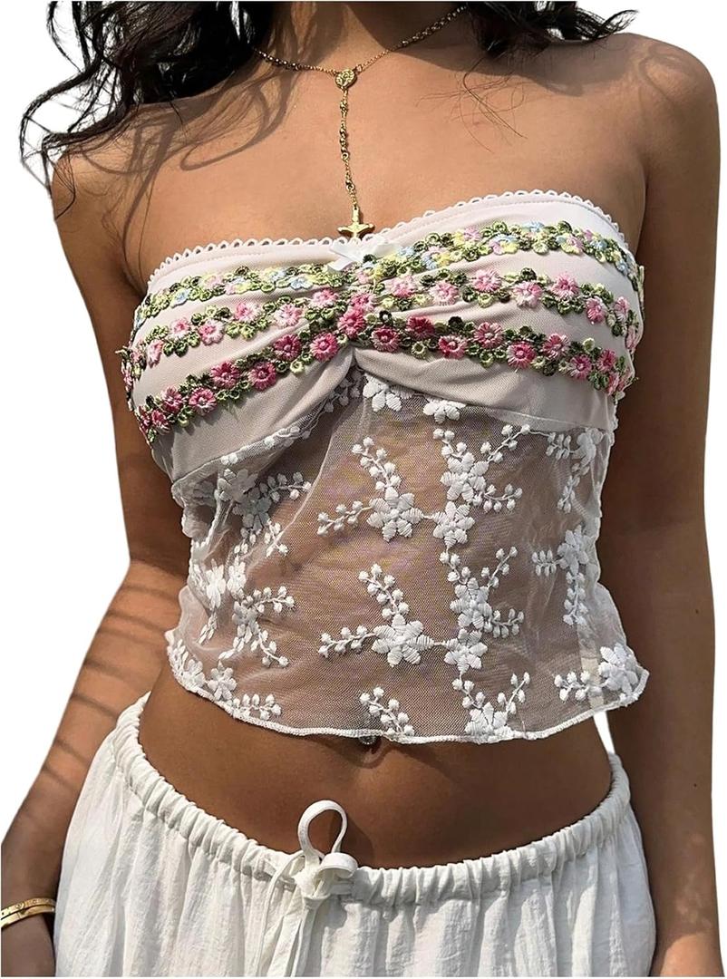 SweatyRocks Women's Floral Embroidery Mesh Strapless Tube Top Sleeveless Crop Tops (White, S)