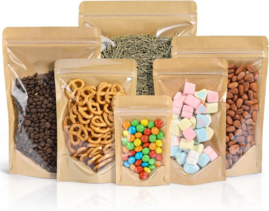 FireKylin 100 PCS Stand Up Pouches,5.5" x 7.9" Paper Bags With Window Clear Front Pouches Resealable Zipper Food Storage Brown