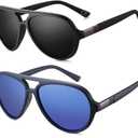 2 Pack Aviator Sunglasses For Men Polarized Lens Plastic Lightweight Double Bridge Frame UV Protection For Driving Matte Black Frame/Smoke Lens+Blue Frame/Blue Revo Lens