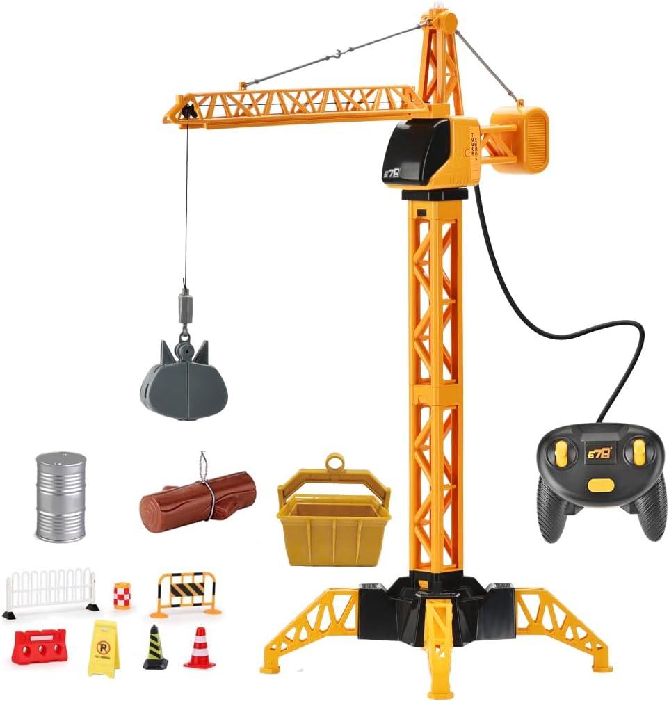 28-Inch RC Construction Tower Crane Toy for Kids, 4 Channel Remote Control Crane Toy with LED Light, Grabber, Log, Lifting Basket, 360 swivel, STEM Educational Learning Toys for Boys Ages 3 and Up