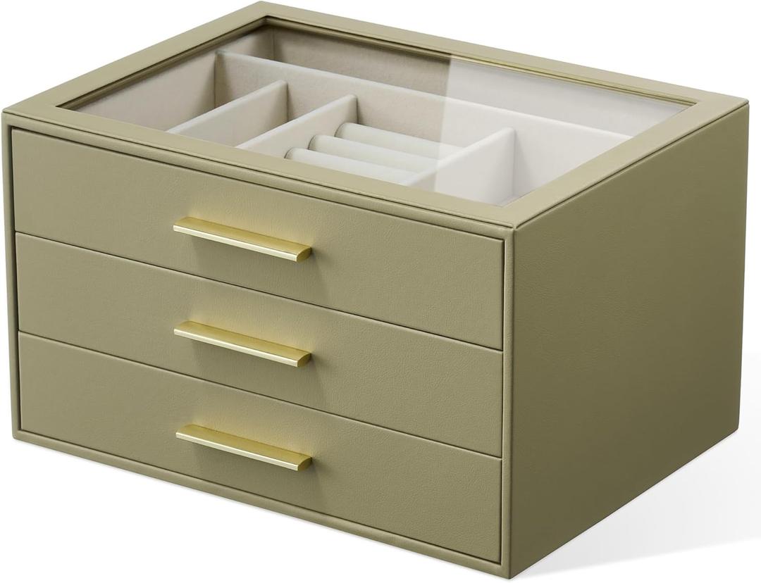 Jewelry Box Organizer Case for Women: 3-Layer Jewelry Storage Case with Glass Window, Olive Green Leather with Cream Velvet, Holder for Ring Necklace Bracelet Brooch Watch, Great Gift for Her