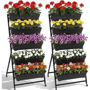 Briwooody 2 Pack 5 Tier Vertical Garden Planter with Wheels 4.5 ft Raised Garden Bed for Strawberry Herb Vegetable Flower Stackable Planter Boxes with Drainage for Patio Indoor Outdoor(Black), 135 x 64 x 70 cm
