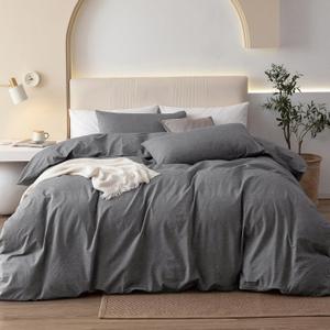 JIYUAN Oversized Queen Duvet Cover Set, 3-Piece - 100% Washed Cotton, Linen-Like Soft & Breathable with Zipper Closure, Includes 98x98 Inch Cover & 2 Pillowcases, Heathered Dark Grey