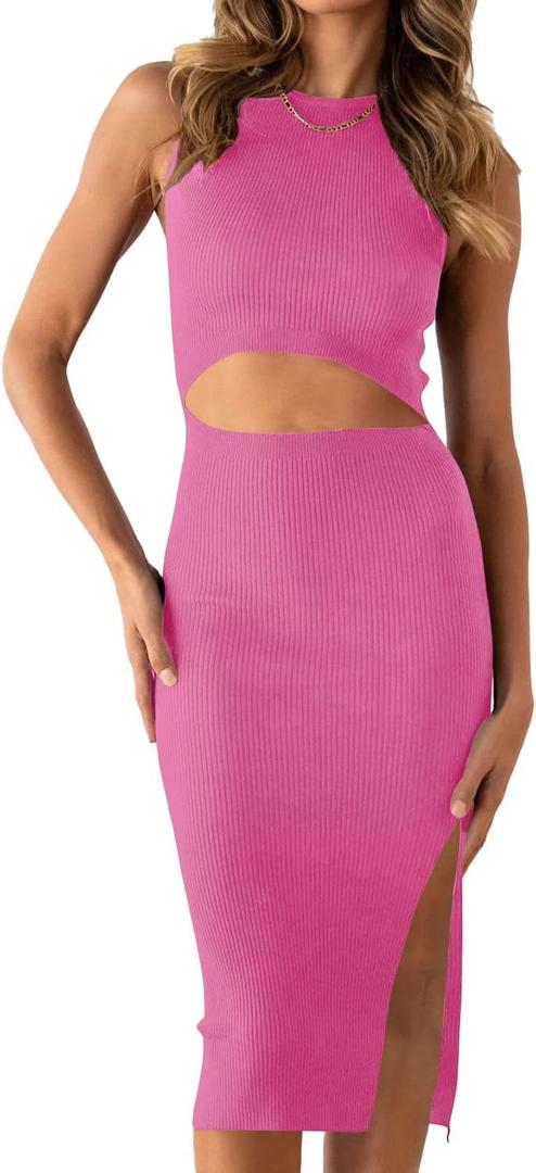 PRETTYGARDEN Women's Summer Midi Bodycon Dresses Casual Crew Neck Side Slit Sleeveless Knit Cut Out Tank Top Dress (Pink, L)