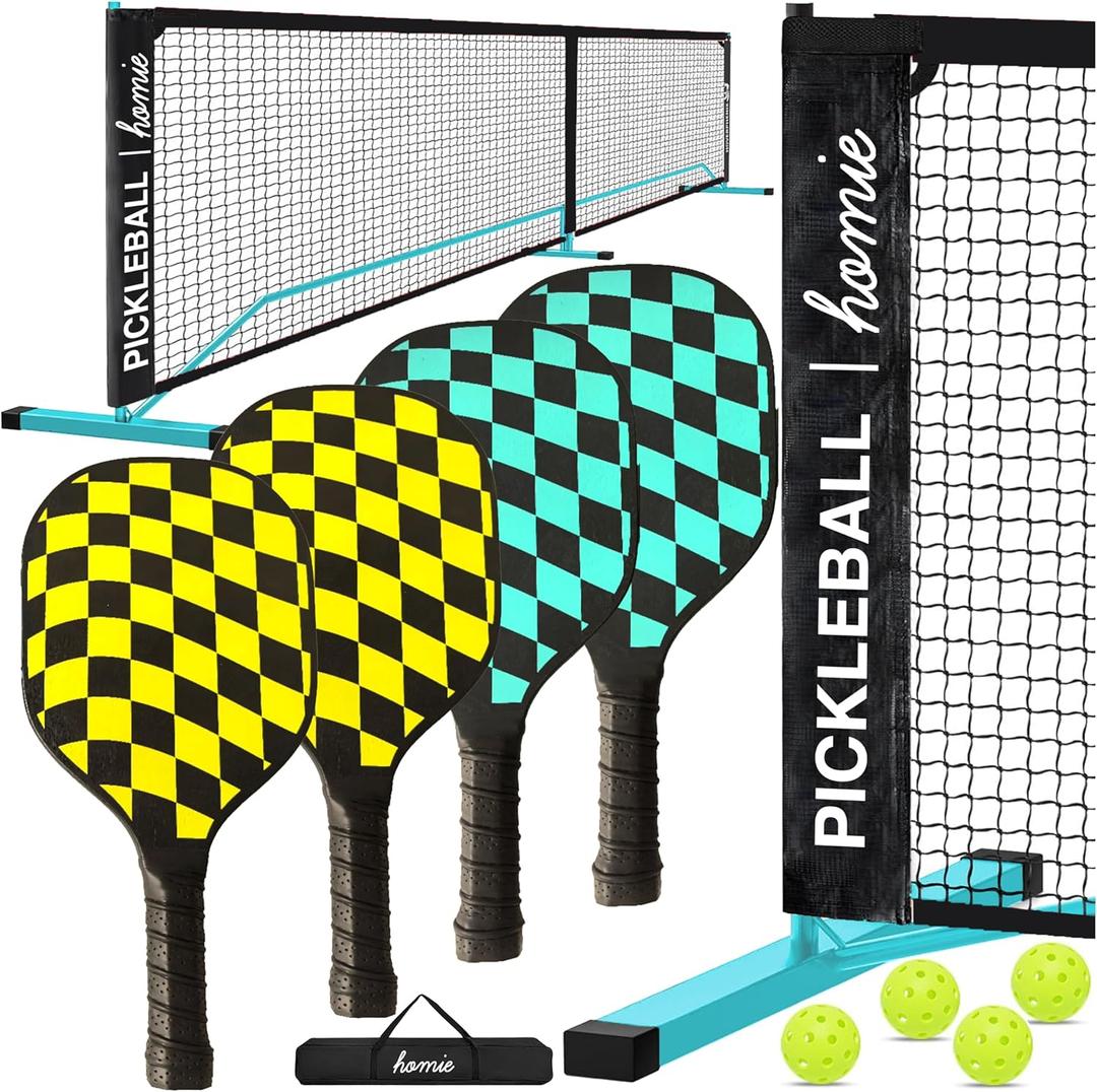 Homie Portable Pickleball Net Set with 4 Paddles, 4 Balls, Backpack Carrying Bag, 22 FT Regulation Size, Easy Setup for Outdoor Indoor, Weather Resistant Metal Frame (Blue)